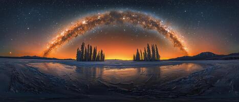 The milky way stretches over a frozen lake surrounded by pine trees at dusk photo