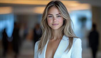 A confident young woman stands elegantly in a modern indoor setting surrounded by people photo