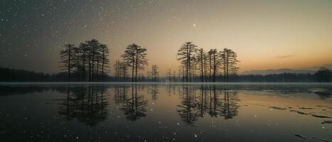 Twilight casts soft colors over a still lake with tree silhouettes mirrored in the water photo