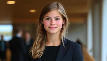 Young woman with long hair wears a blazer and smiles in a modern office setting photo