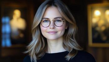 Woman with glasses smiles softly in a cozy, illuminated indoor space filled with art photo