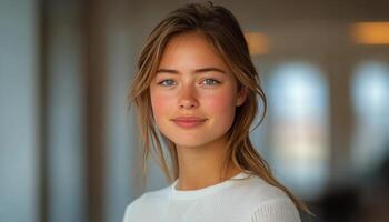Portrait of a young woman with a relaxed expression and natural beauty in soft light photo