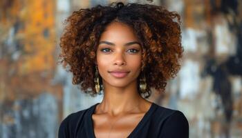 A woman with curly hair stands confidently against a vibrant abstract backdrop photo