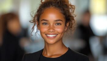 Young woman with curly hair smiles warmly while engaging in a bustling conference atmosphere photo