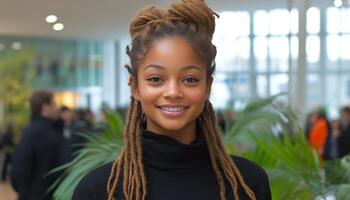 A cheerful young woman with dreadlocks stands in a bright, vibrant indoor space photo
