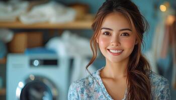 Woman with long hair enjoys a moment while helping with laundry at home photo