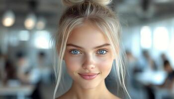 Portrait of a young woman smiling gently in a contemporary office setting photo