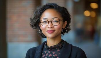 A young woman with stylish glasses smiles warmly while standing in an urban area photo