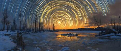 Long exposure captures swirling star trails above a frozen lake at sunset in winter photo