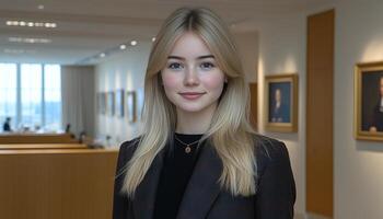 Confident young woman stands in a sleek office space with portraits on the walls photo