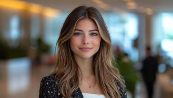 Woman with long hair smiles warmly while standing in a bright and elegant environment photo