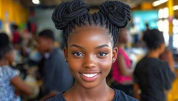 A girl with stylish braids is happily posing in a colorful bustling marketplace photo