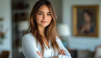 Young woman stands with arms crossed, smiling, in a stylish modern room with soft lighting photo