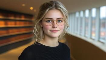 Female with glasses stands in a well-lit indoor space, smiling softly at the camera photo