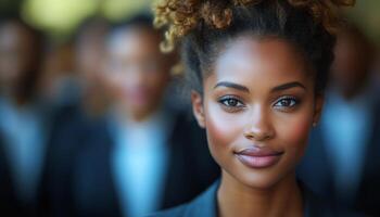 A professional woman poses confidently while coworkers appear blurred behind her photo