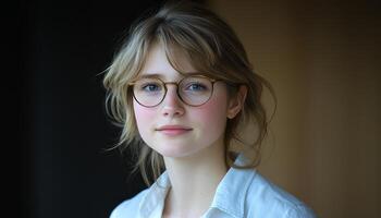A young woman with glasses and neutral expression sits indoors, captured in soft lighting photo