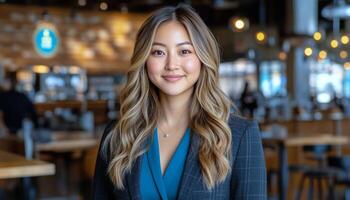 Young woman stands smiling in stylish attire within a vibrant cafe filled with patrons photo