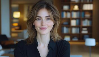 Woman with a relaxed smile stands in a stylish office with shelves full of books photo