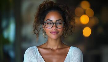 Young woman with curly hair and glasses smiling warmly in a softly lit space photo
