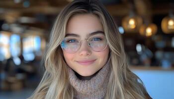 Young person in glasses smiles warmly in a cozy cafe atmosphere photo