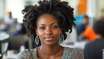 A woman with curly hair poses confidently at her workspace in a busy office environment photo