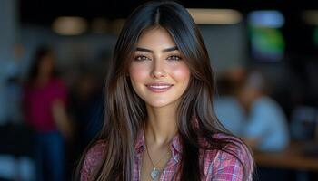 Confident young woman smiles warmly in a casual environment filled with people photo