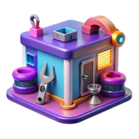 3D Render of Colorful Repair Shop Tools Building png