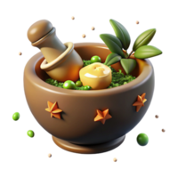 Herbal Remedy A 3D Render of a Mortar and Pestle with Herbs and Spices png