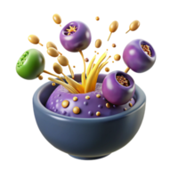 Vibrant Fruit Bowl Splash 3D Render of Colorful Berries and Juice png