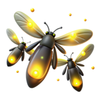 Glowing Firefly Trio 3D Render of Illuminated Insects png