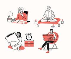 A collection of illustrations depicting individuals and couples planning their New Year resolutions vector