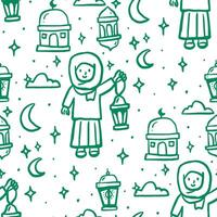 A playful doodle pattern of lanterns and mosques capturing the festive essence of Ramadan. vector
