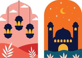 A tranquil mosque illustration with a starry sky and crescent moon vector