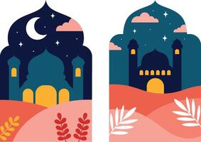 Palm trees framing a crescent moon and mosque vector