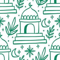 A seamless doodle pattern of mosques and palm trees, blending tradition and Ramadan ambiance. vector