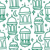 A seamless doodle pattern of lanterns with crescent moons, adding charm to Ramadan decorations. vector
