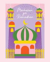 A flat illustration-style poster featuring a mosque with hanging lanterns and crescent moon, perfect for Marhaban Ya Ramadan greetings and festive event decorations. vector
