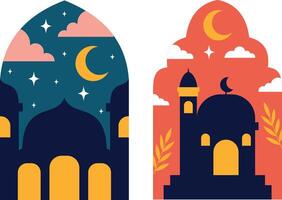 A warm desert illustration with crescent moon and lanterns vector