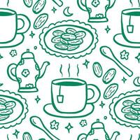 A delightful doodle pattern showcasing traditional Ramadan Iftar elements like teapots, dates, and cups. vector