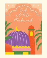 A flat illustration-style poster featuring a mosque dome with palm trees and crescent moon, ideal for Eid Mubarak greetings, festive decorations, or event promotions. vector