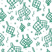 A fun seamless doodle pattern of ketupat, stars, and crescents, evoking Ramadan festive atmosphere. vector
