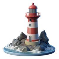 Red and White Striped Lighthouse on Rocky Shore 3D Model png