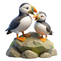 3D Illustration of Two Puffins on Rocks png