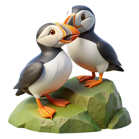 3D Illustration of Two Puffins on a Rock png