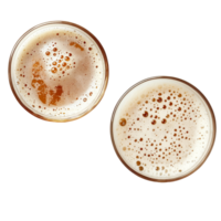 Top and side views of frothy beer in two glasses showcasing bubbles and rich golden color, Glass of Beer, Top View and Side View, Frothy Beverage, Isolated on transparent background Background png