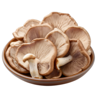 Fresh brown beech mushrooms served in a rustic plate against a transparent background, brown beech mushroom in plate isolated on transparent background png