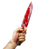 A hand gripping a bloodied knife against a plain transparent background emphasizing tension and danger in a surreal context, Hand Holding Bloody Knife on transparent background png