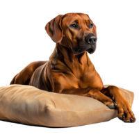 Rhodesian Ridgeback dog relaxing on a soft cushion in a cozy indoor setting, Rhodesian Ridgeback Dog Relaxing on Cushion Isolated on transparent background png