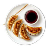 Deliciously prepared gyoza served with dipping sauce on a transparent plate, ideal for a Japanese cuisine experience, Gyoza japanese food Isolated transparent background png