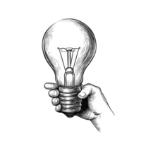 A glowing light bulb held in a hand drawn style showcasing creativity and illumination in a minimalistic design, glowing light bulb in hand drawn style isolated on transparent background png